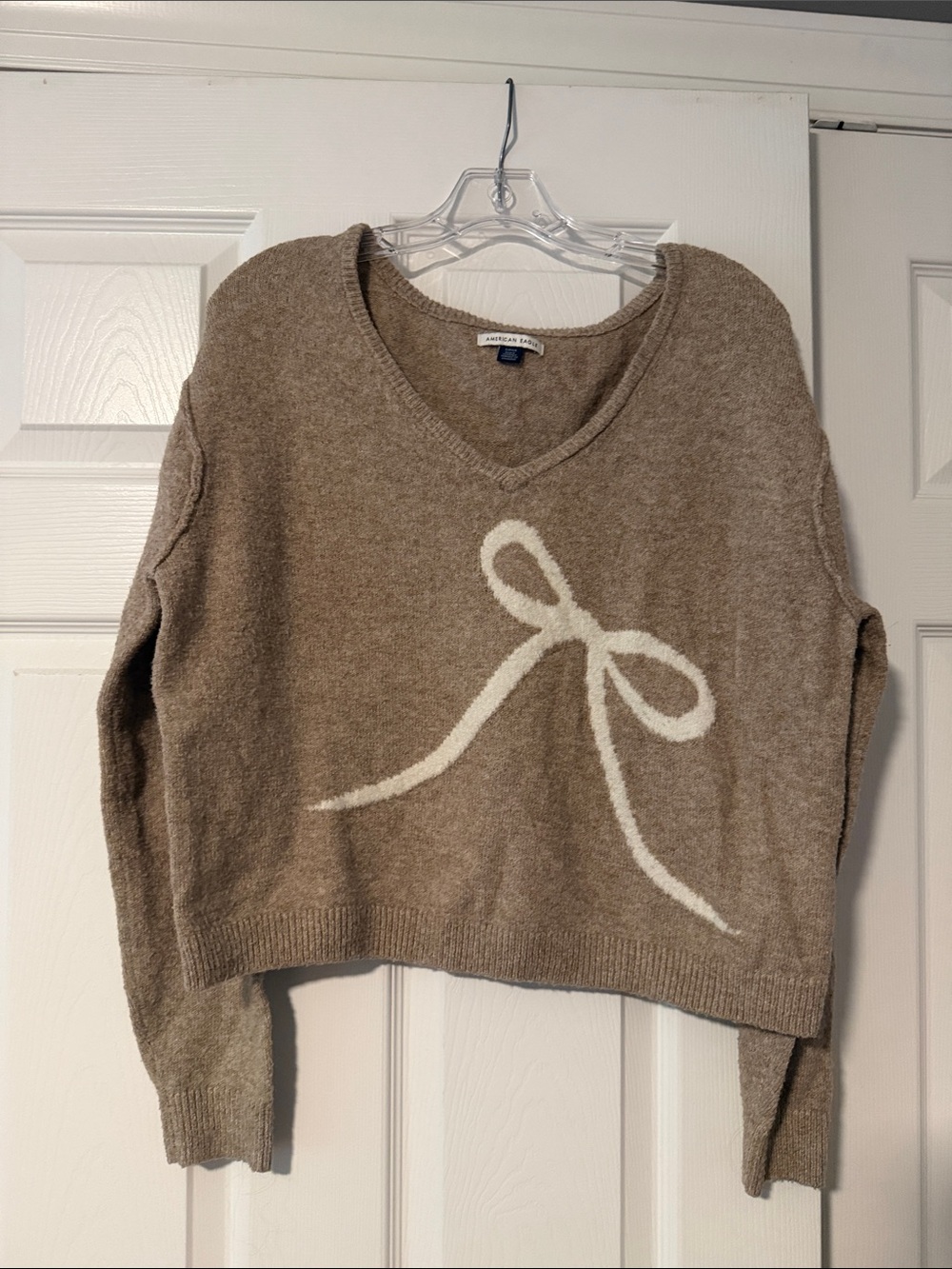 American Eagle Outfitters Taupe V-Neck Sweater with Cream Bow